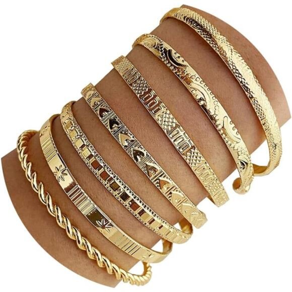 Jewelry - Gold Bangle Bracelets For Women, 14k Gold Plated Multi Layer Stackable